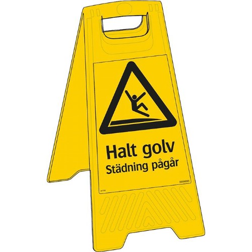 Golvskylt halt golv städning pågår